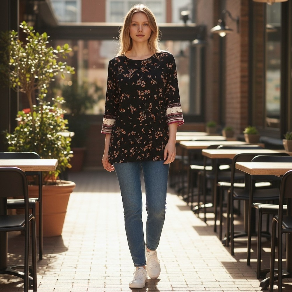 J. Jill Tunic Women Medium Black Floral‎ 3/4 Sleeve Knit Wearever Boho Tunic Top